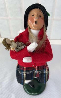 Byers choice sweet blond girl with doll in red coat
