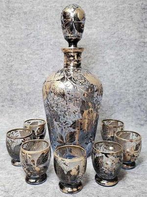 Venetian blue glass silver overlay cordial set