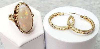 14k gold opal ring and 14k gold opal hoop earrings