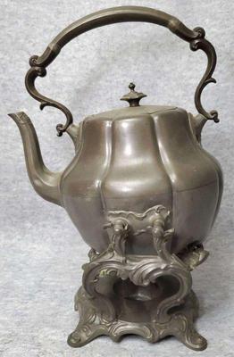 Vintage pewter tea kettle on chafing stand