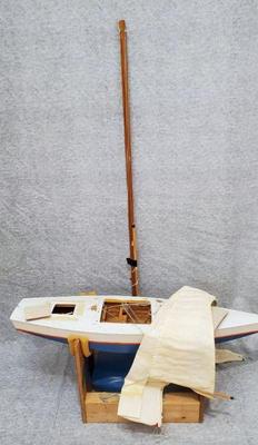 Wooden blue white model sail boat
