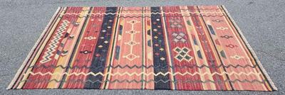 Area rug in blue red, cream and pale yellow