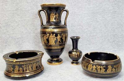 Greek hand painted 24k gold detailed ashtrays vases