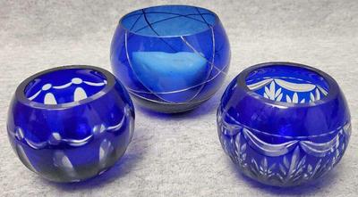 Cobalt blue cut to clear crystal candle holders art glass