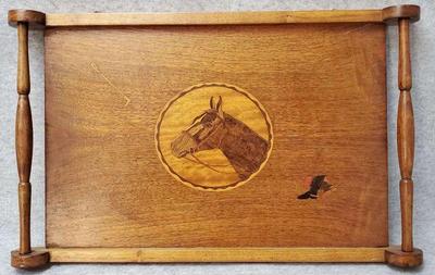 Vintage wooden marquetry horse themed portrait tray