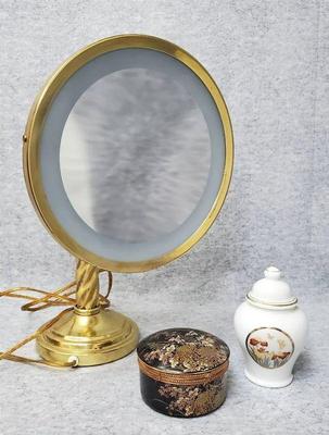 Brass soft light make up mirror musical trinket box, ginger jar