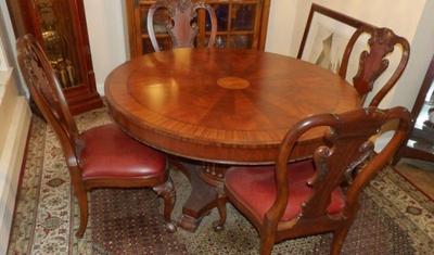 Round Empire Style Dining Table With Six Chairs and Two Leaves