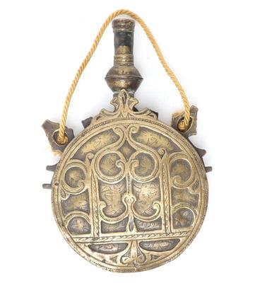 Lot 100 islamic brass engraved powder flask 19th c.