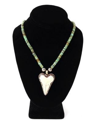 Lot 128 lovely mottled turquoise bead necklace wshark tooth pendant
