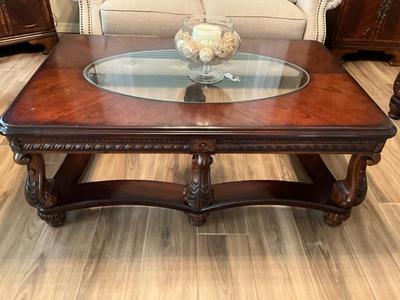 Cherry finish coffee table with glass center-50x32x20