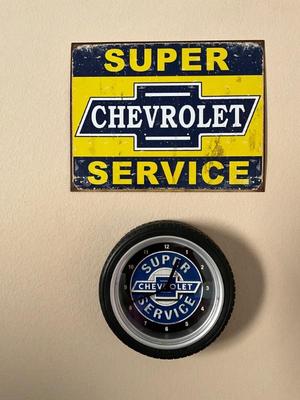Chevy clock and sign- perfect for a Chevy lover