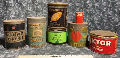 Vintage coffee and tobacco tins granger victor, bokar, bills, more