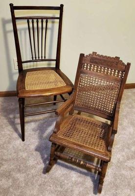 Child s eastlake rocking chair, caned dining chair