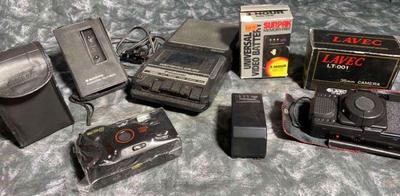 Vintage lavec argus cameras, panasonic, sanyo tape players, batteries