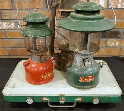 Vintage fuel lanterns deitz, coleman camp stove