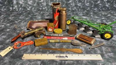 Vintage knick knacks, john deere, presto fire extinguisher, more