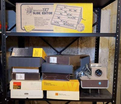 Argus slide projector light table, and carousels