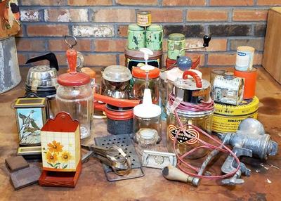 Mid century and retro kitchenalia choppers juicer, tins