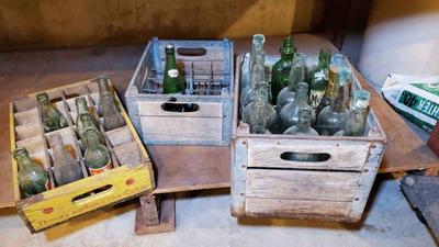 Vintage beverage bottles and crates