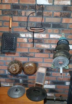 Fireplace decor pan lids, mini washboard