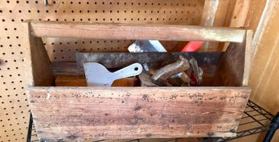 Large wooden toolbox with miscellaneous tools