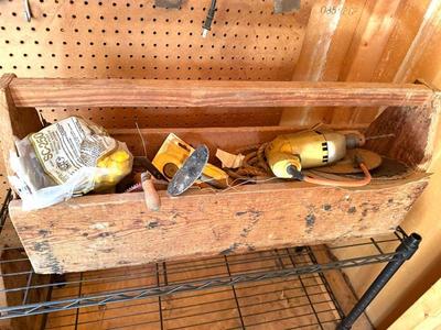 Huge wooden toolbox with misc tools