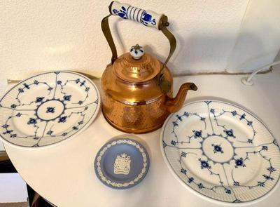 Copper tea kettle and royal copenhagen plates