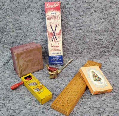 Vintage games numerica bird whistle, sparklers, cribbage, noise maker