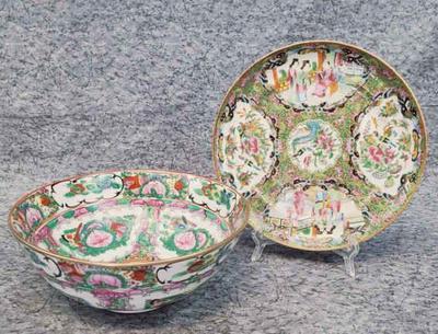 Antique chinese rose medallion bowl and plate