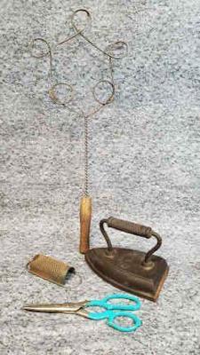Vintage home goods sad iron rug beater, wiss shears