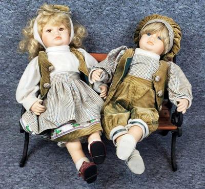 Heirloom boy girl dolls with park bench