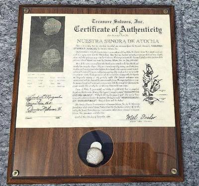 Spanish shipwreck coin framed with coa