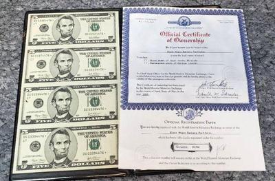 Uncut 2005 lincoln 5.00 bills with coa