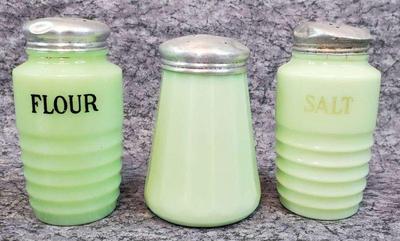 Vintage jadeite dry goods shakers