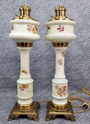 Antique victorian hand painted milk glass parlor lamps