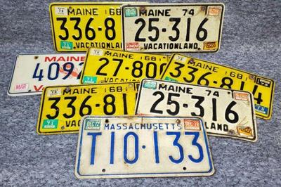 Vintage maine license plates and one mass