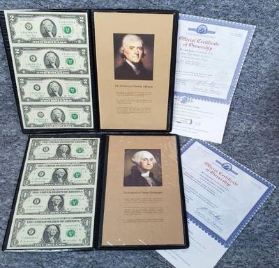 2005 uncut 1.00 and $2.00 bills with coa's