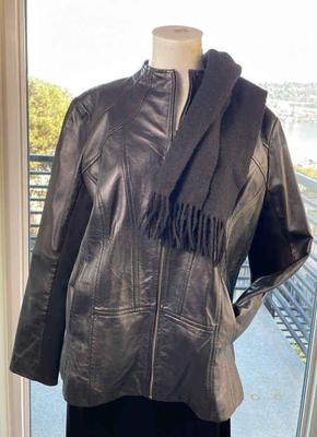 Sejour Ladies Black Leather Jacket * 14W * Nordstrom Likely Cashmere Scarf
