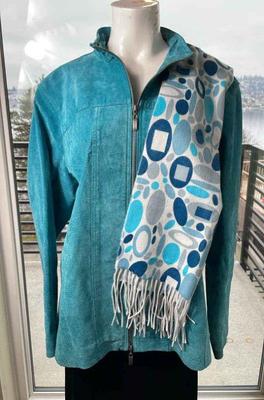 Chico’s Ladies Turquoise Suede Jacket Size 3 * Nordstrom Cashmere Scarf
