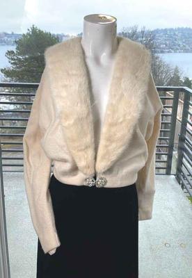 Vintage Regalia Fur Collared Cashmere Sweater * Cream Color * Faux Jewel Enclosure
