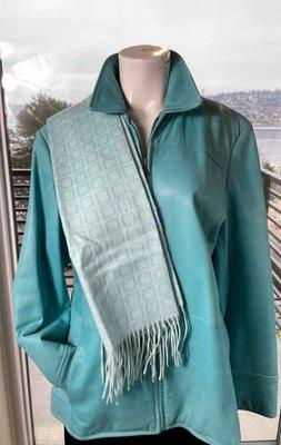 Bernardo Ladies Turquoise Leather Jacket * Size XL * Nordstrom Cashmere Scarf

