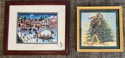 Christmas Art * ‘Christmas Village’ Signed By Cindy Mangutz 119/7500 * Clown Print by Rust 1994 *
