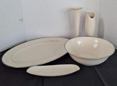 5 Lenox Gold & Silver Rim Pieces * 2 Vases * 1 Platter * 1 Servicing Bowl *
