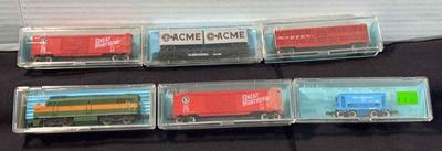 6 N Scale Atlas Mini Train Cars * FA-1 Diesel Locomotive, Ore Car, Piggyback Box, Dbl Door Box
