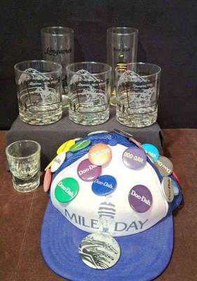 Long Acres Collector Glasses * 2 6"T & 4"T Glasses * Shot Glass Longacres Hat Doo-Dah Buttons *
