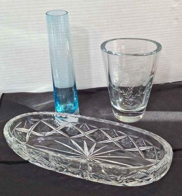 Vintage Cut Crystal Serving Dish * Vase * Blue Glass Mid Century Vase
