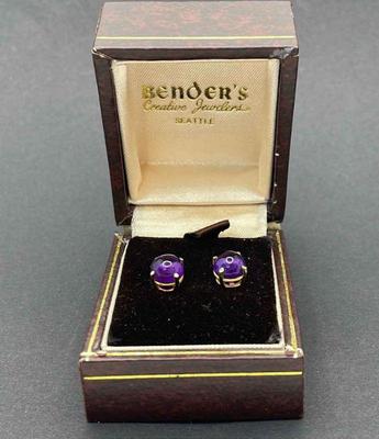 Boxed 14K Yellow Gold Amethyst Pierced Earrings * Benders Seattle Box
