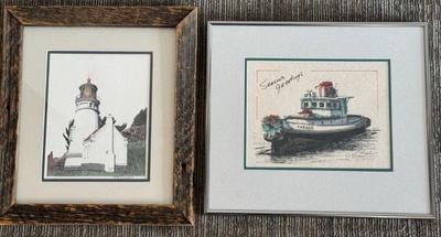 Framed Signed Art * Terry Maddox Lighthouse 15x * N. A. Foraker Christmas Tug Boat * Print 49/100 *
