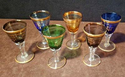 Sale Photo Thumbnail #42: 6 Bohemian ? * Gold Gilded * Cordial Glasses
