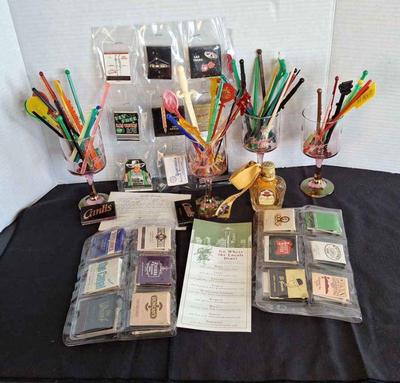 Matchbooks * Swizzle Sticks * Canlis Restaurant Recipe Card * 4 Vintage Pink Flamingo Glasses
